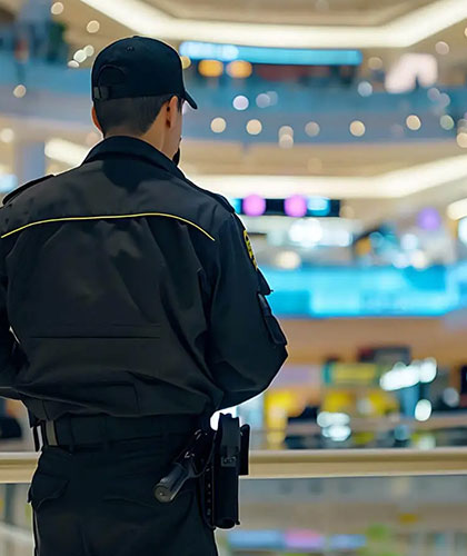 Trained shopping mall security guards monitoring visitors entrances parking and retail areas in Ahmedabad